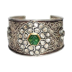 Carved Emerald Rose Cut Motif Bangle on a Carved Silver Cuff, Just Lovely