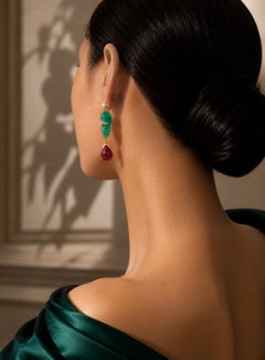 Carved Emerald, Ruby and Diamond Pendant Earrings in 18K Yellow Gold, circa 1990