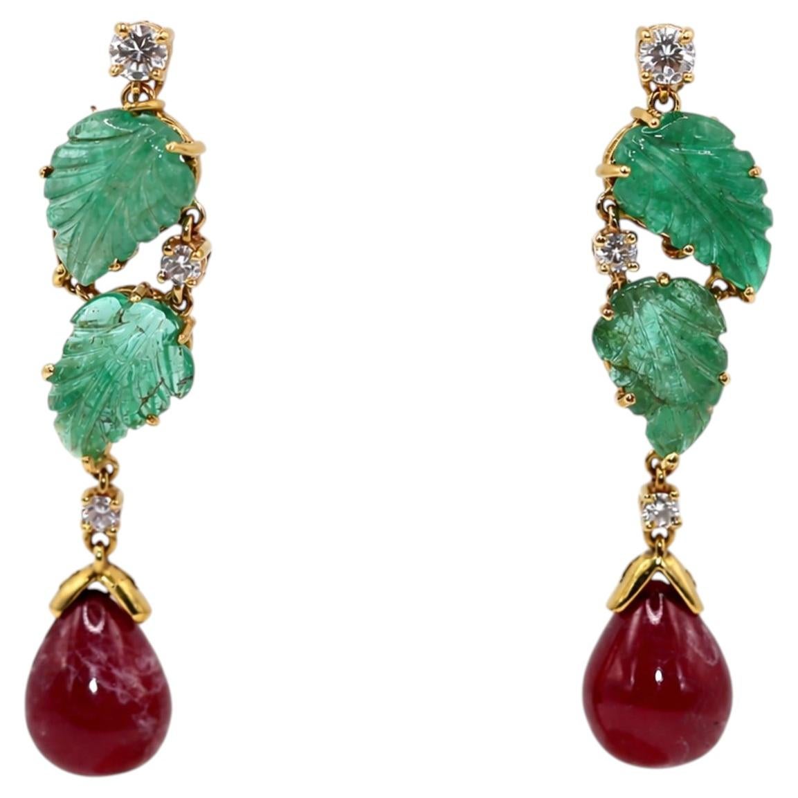 Carved Emerald, Ruby and Diamond Pendant Earrings in 18K Yellow Gold, circa 1990