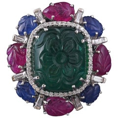 Carved Emerald  Ruby Blue Sapphire Baguette Diamond Tutti-Fruti Cocktail Ring