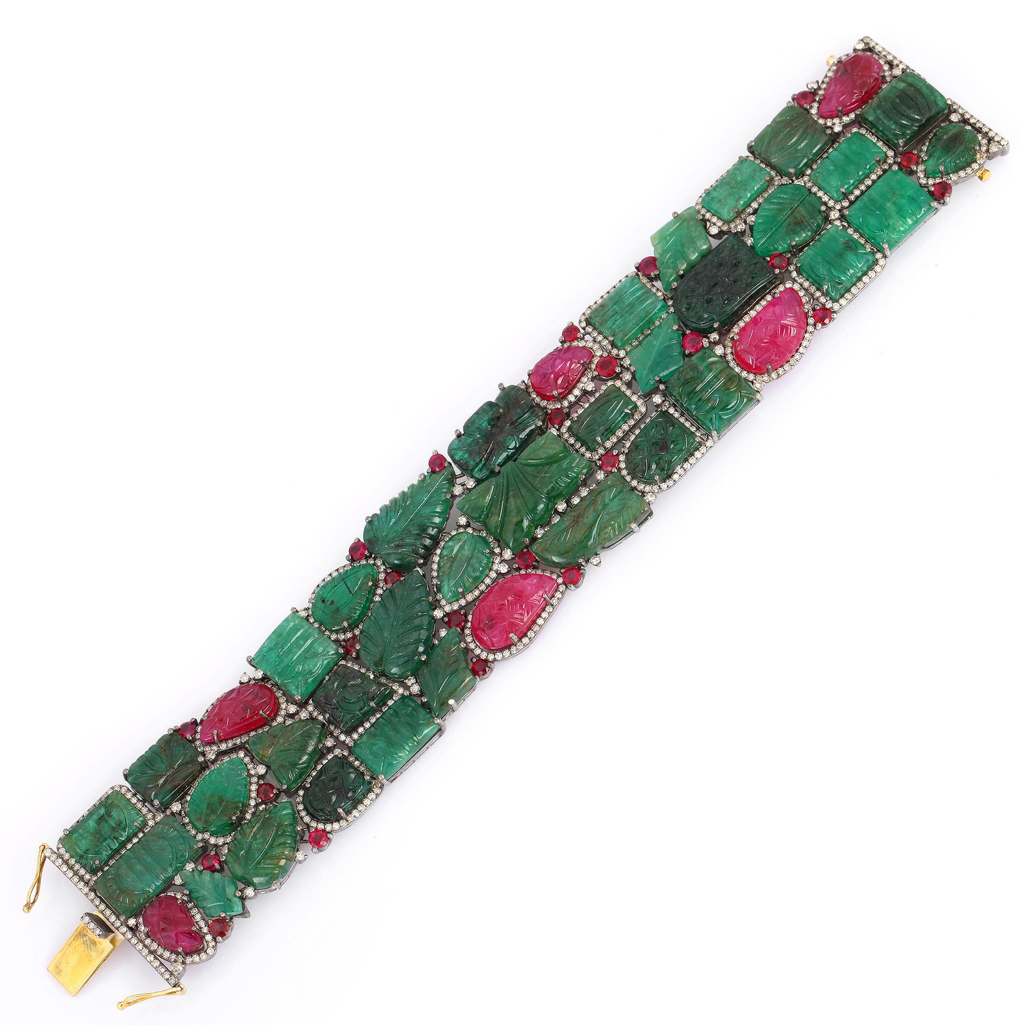 Artisan Carved Emerald Ruby Diamond Cuff Bracelet For Sale