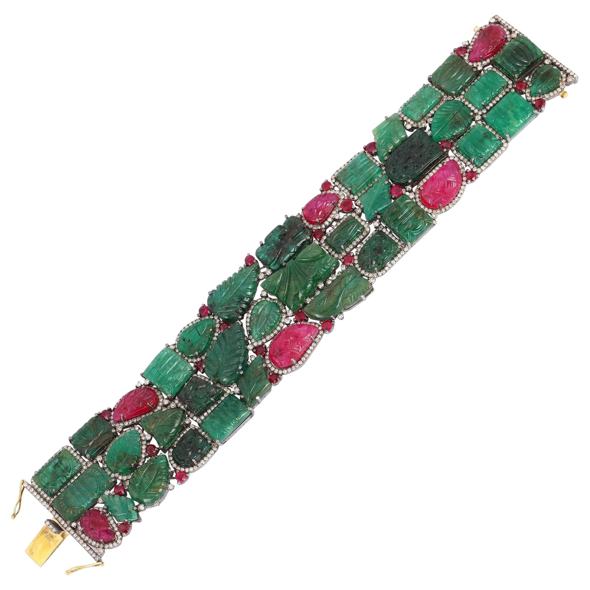Carved Emerald Ruby Diamond Cuff Bracelet
