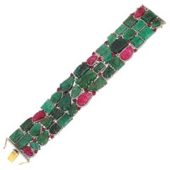Carved Emerald Ruby Diamond Cuff Bracelet