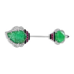 Carved Emerald & Ruby Diamond Vintage Inspired Art Deco Style Gold Pin Brooch