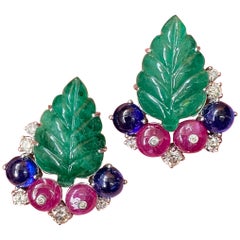 Carved Emerald, Ruby, Sapphire and Diamond 18 Karat White Gold Studs