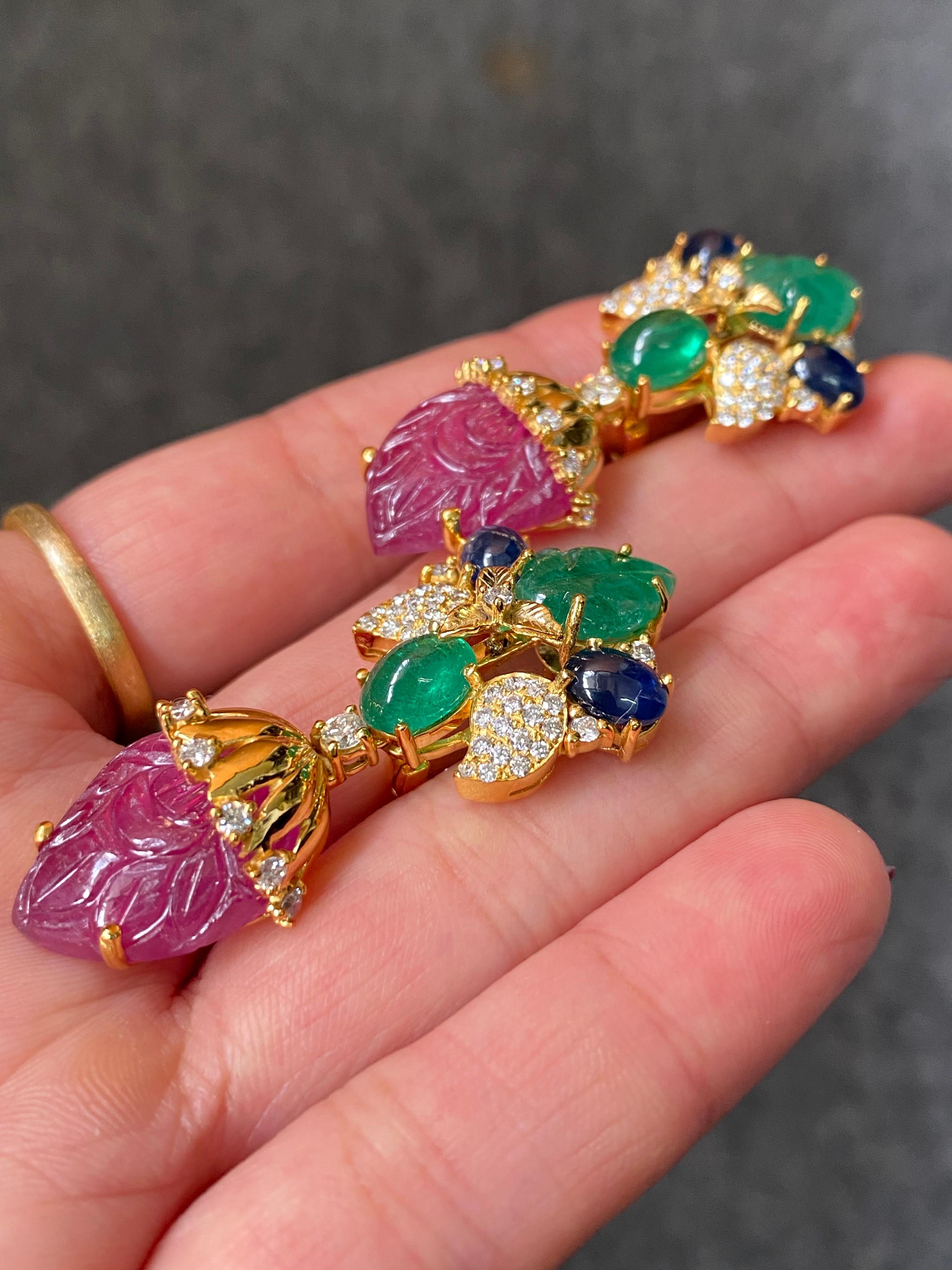 Art Deco Carved Emerald, Ruby, Sapphire and Diamond Dangling Earring