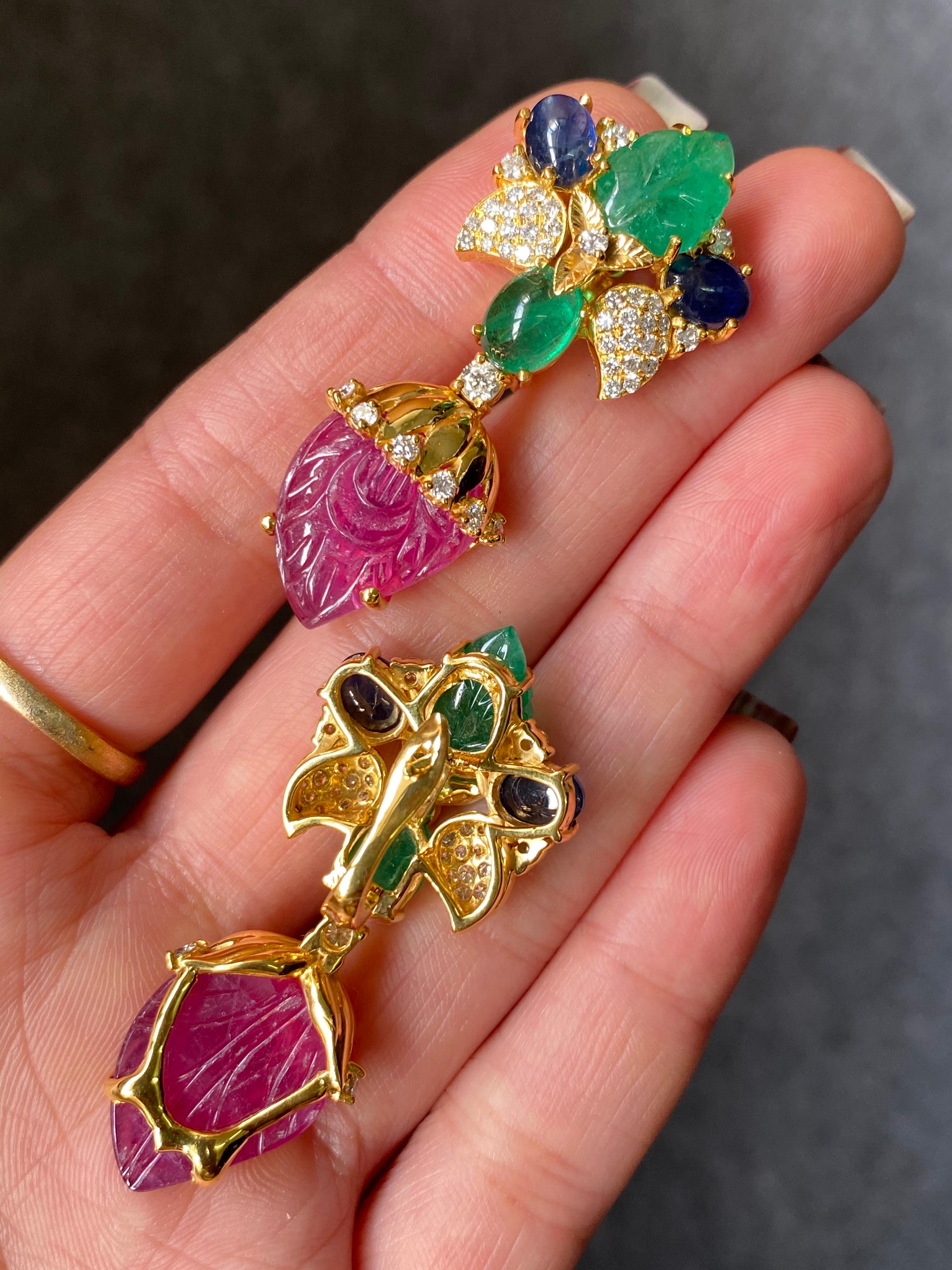 Cabochon Carved Emerald, Ruby, Sapphire and Diamond Dangling Earring