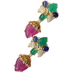 Carved Emerald, Ruby, Sapphire and Diamond Dangling Earring
