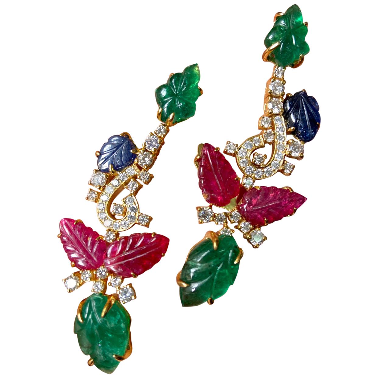 Art Deco Tutti Frutti Carved Emerald, Ruby, Sapphire Dangle Earrings