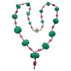 Carved Emerald, Sapphire, and Pink Tourmaline Beads White Diamond Gold Necklace