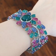 Carved Emerald, Sapphire & Ruby Bracelet with Diamonds in 18k White Gold