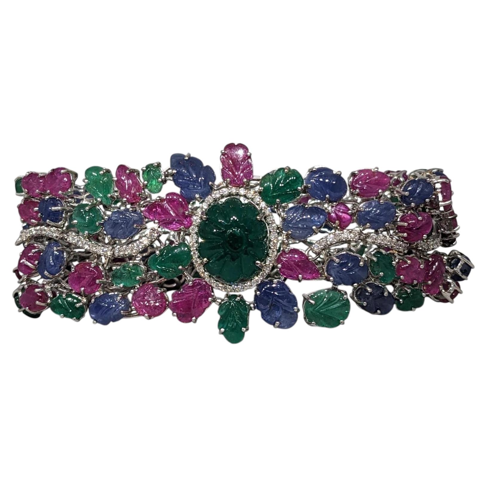 Carved Emerald, Sapphire & Ruby Bracelet with Diamonds in 18k White Gold
