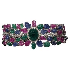 Carved Emerald, Sapphire & Ruby Bracelet with Diamonds in 18k White Gold
