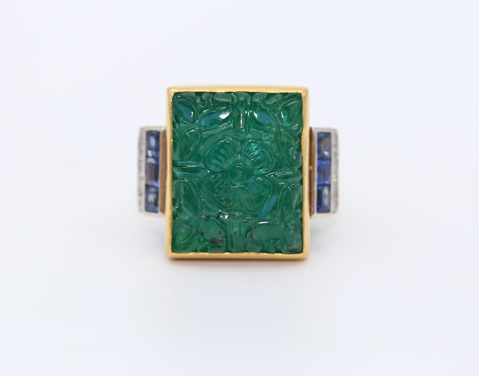 Emerald Cut Carved Emerald Sapphires Diamonds Ring, 1940  For Sale
