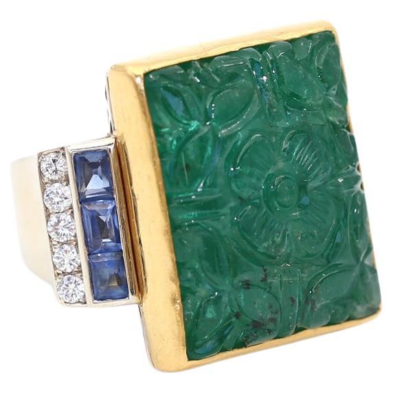 Carved Emerald Sapphires Diamonds Ring, 1940  For Sale