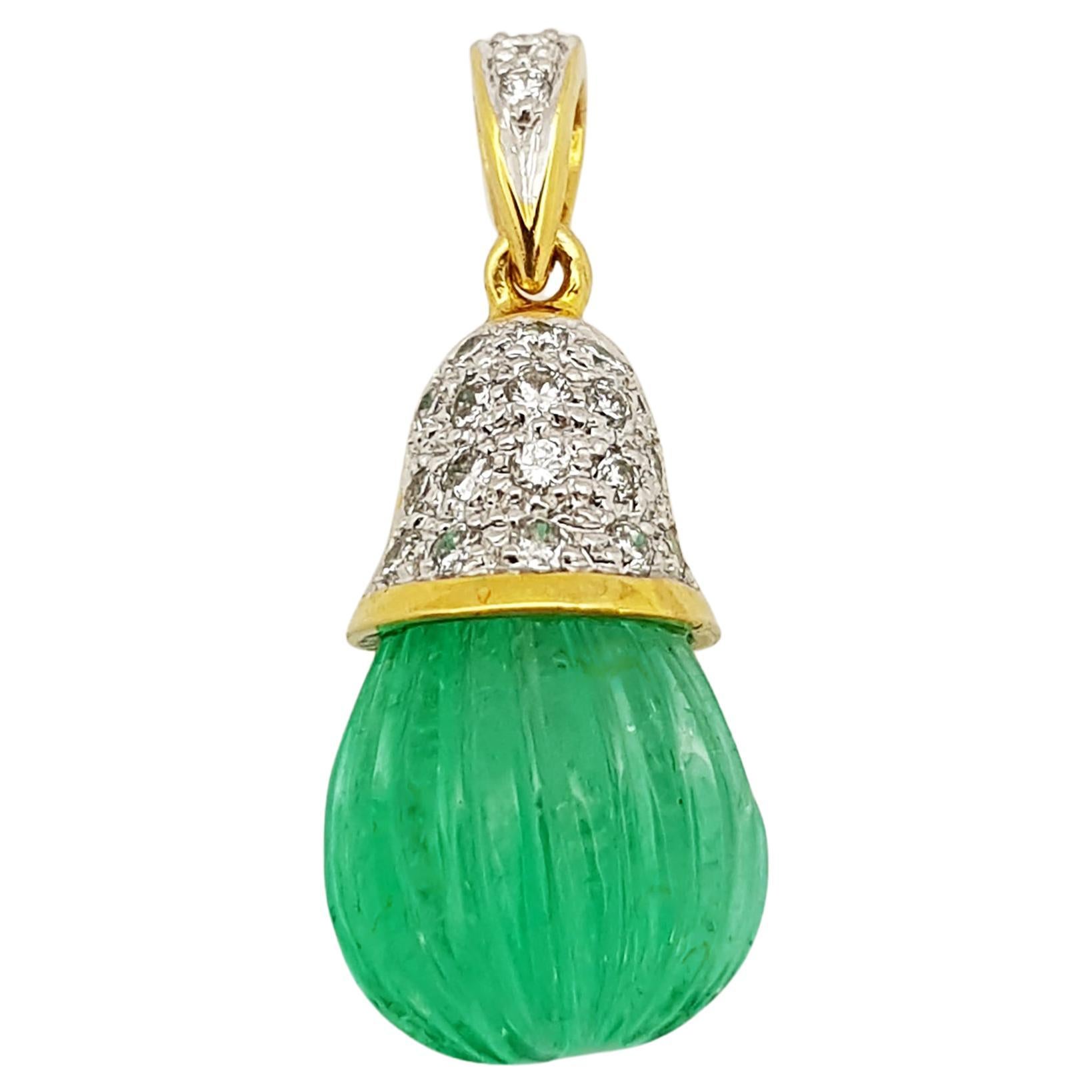 Carved Emerald with Diamond Pendant Set in 18 Karat Gold Settings