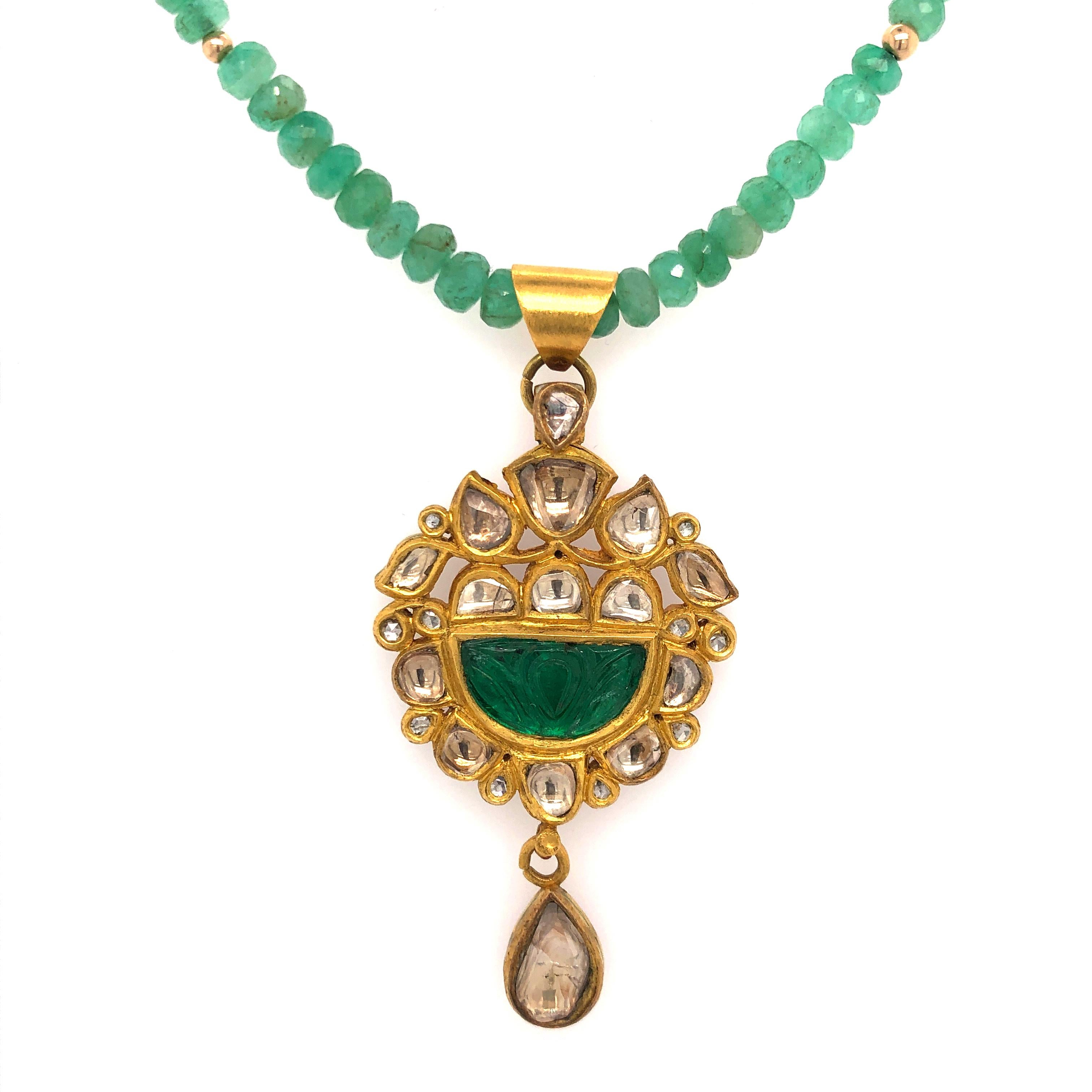 Emerald Cut Carved Emerald with Diamonds Necklace Made In 18k Gold For Sale