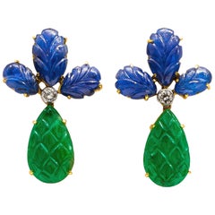 Carved Emeralds 12+ Carat and Sapphires 14+ Carat Earrings with Diamonds