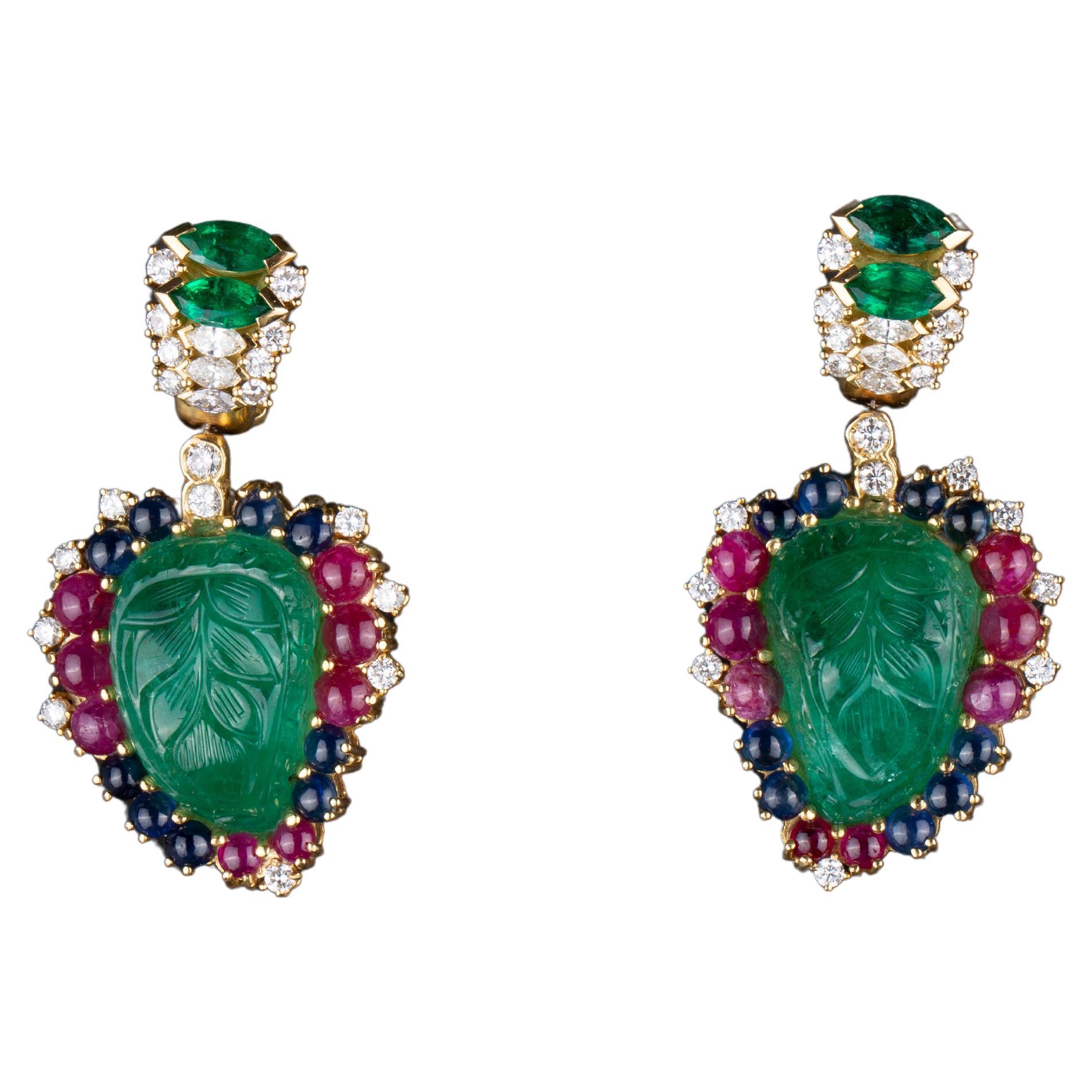 Carved Emeralds Diamond Ruby Sapphire Earrings  For Sale