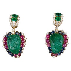 Carved Emeralds Diamond Ruby Sapphire Earrings 