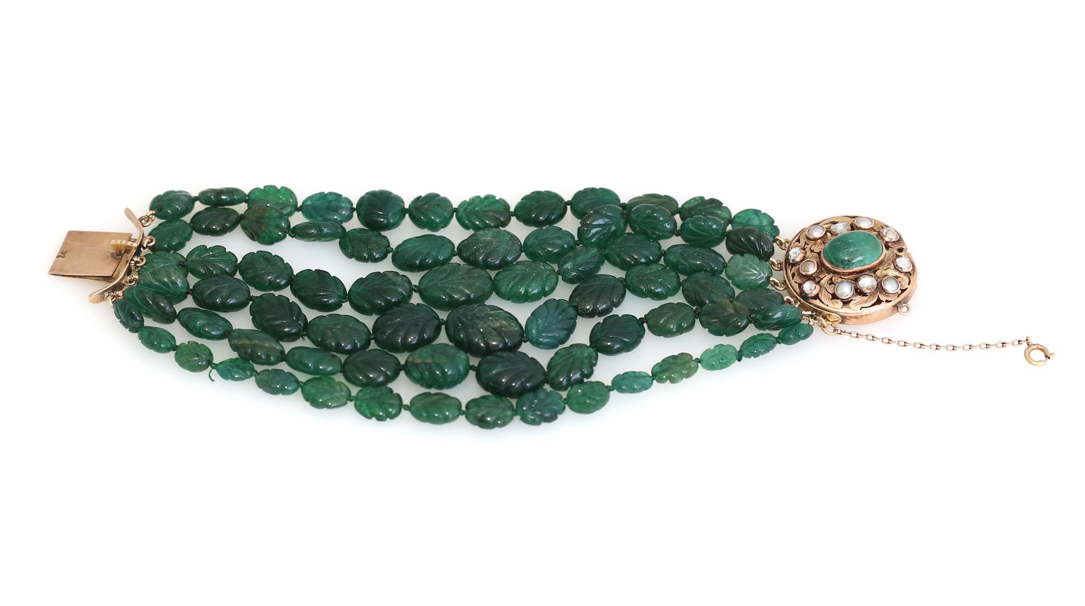 Carved Emeralds Rose-Cut Diamonds Bracelet, 1900

Antique bracelet with natural untreated Emeralds weighing approximately 350Ct. Each Emerald is carved, creating a leaf-like ornament. Much later, the world-famous Cartier Jewelry house would apply