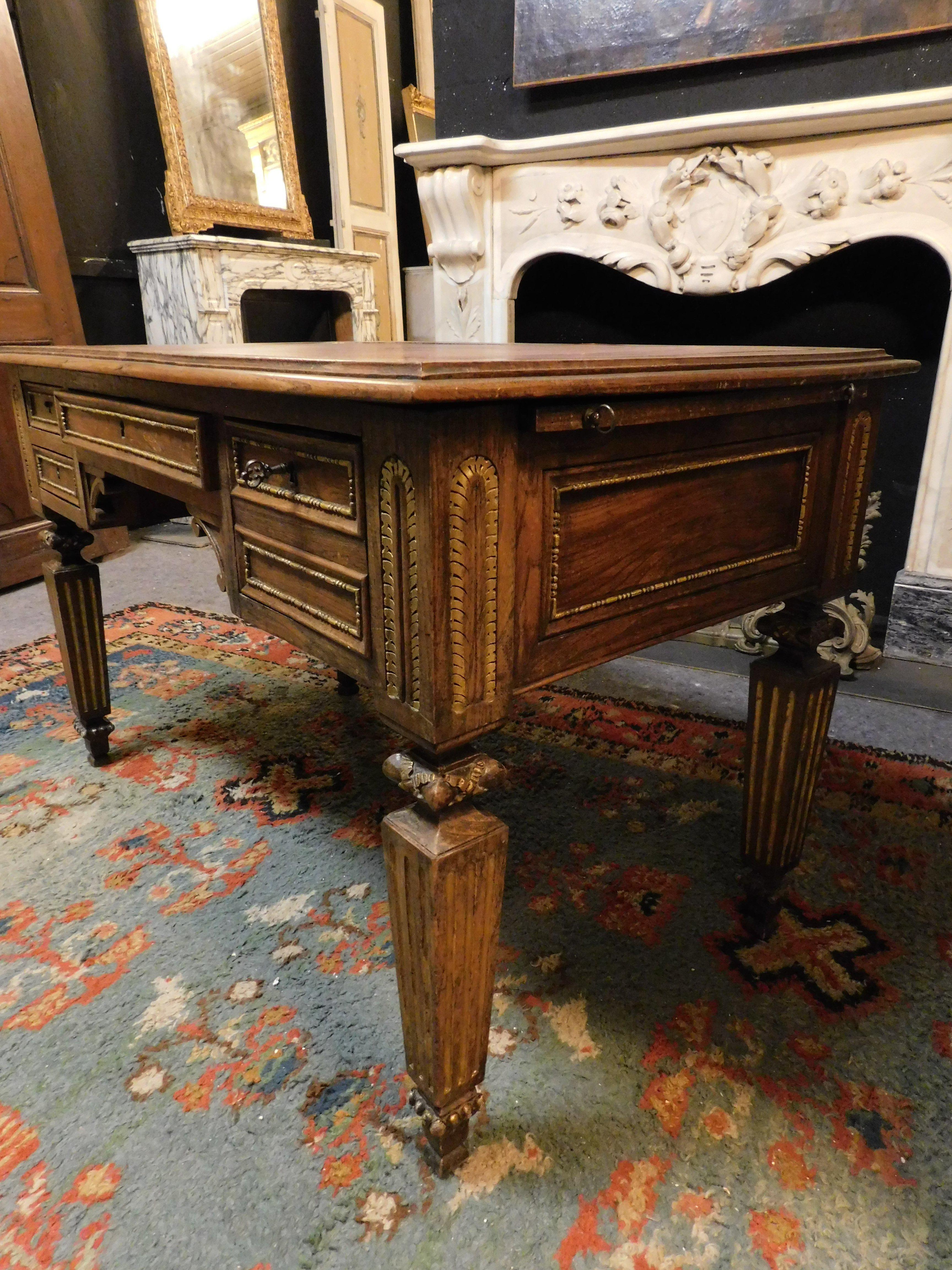 Walnut Carved empire desk, in walnut with opening side shelves, Italy For Sale