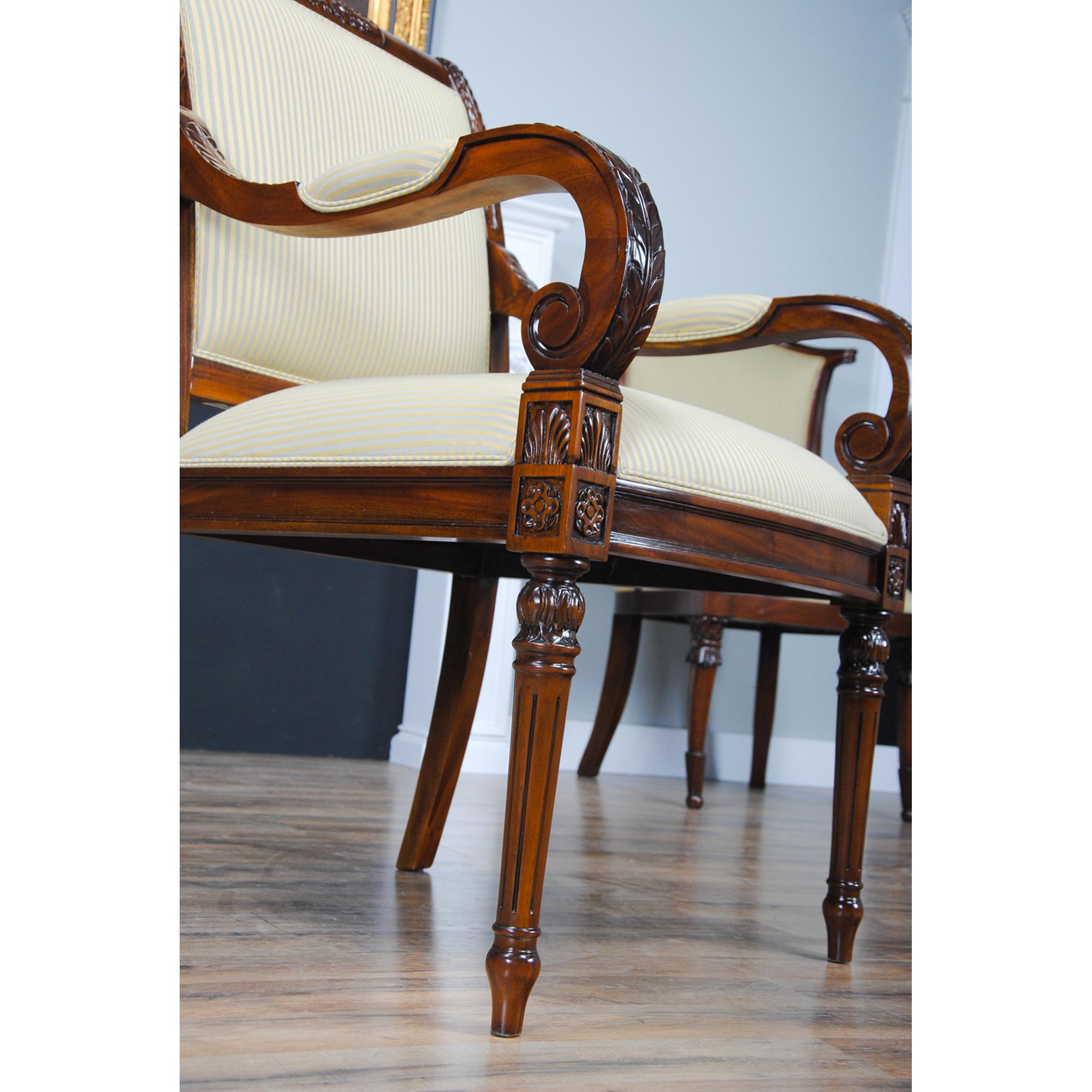 Contemporary Carved Empire Upholstered Chairs, Set of 10 For Sale