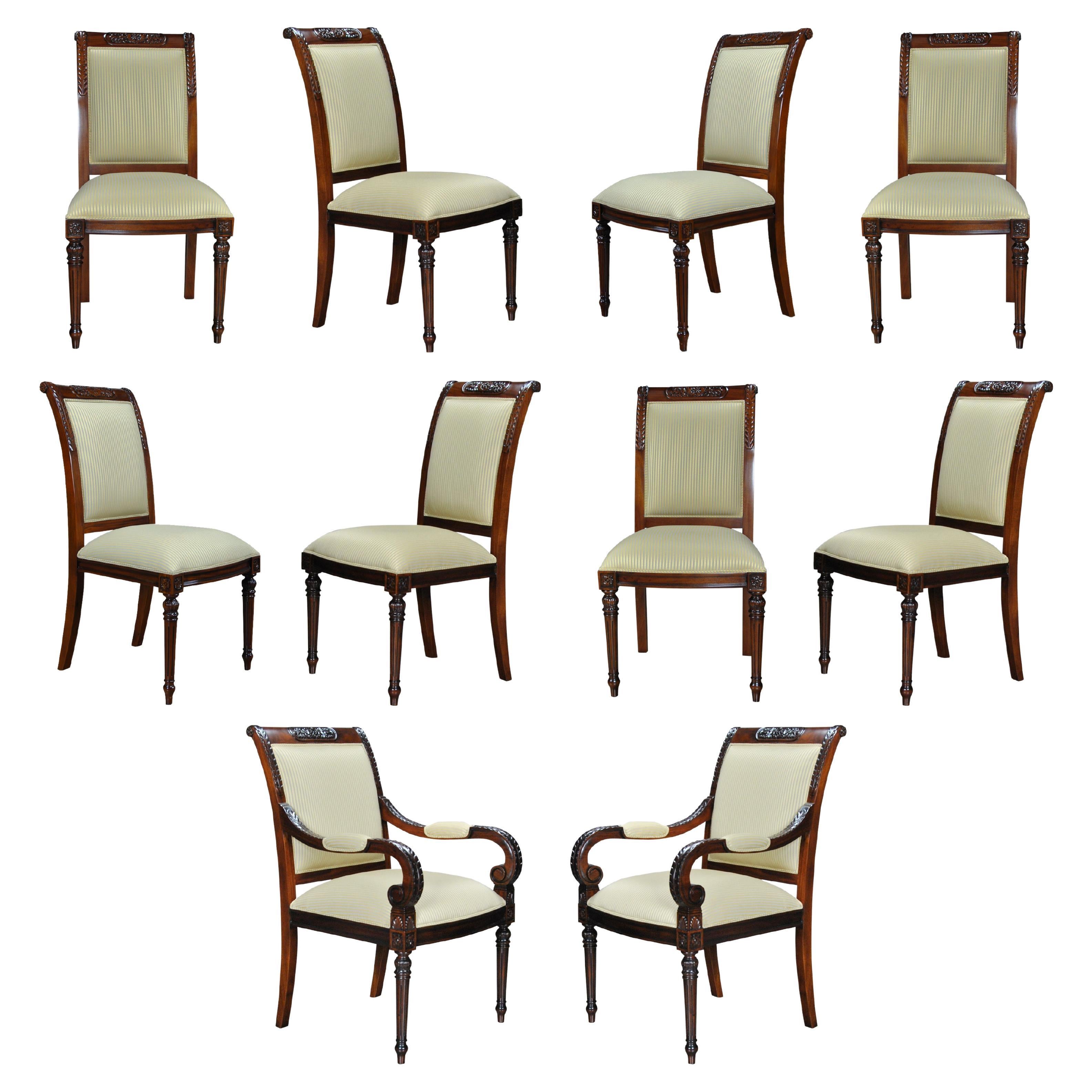 Carved Empire Upholstered Chairs, Set of 10 For Sale