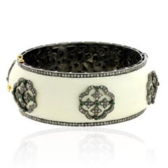 Carved Enamel Cuff Bracelet with Emerald & Diamond Made in 18k Gold & Silver