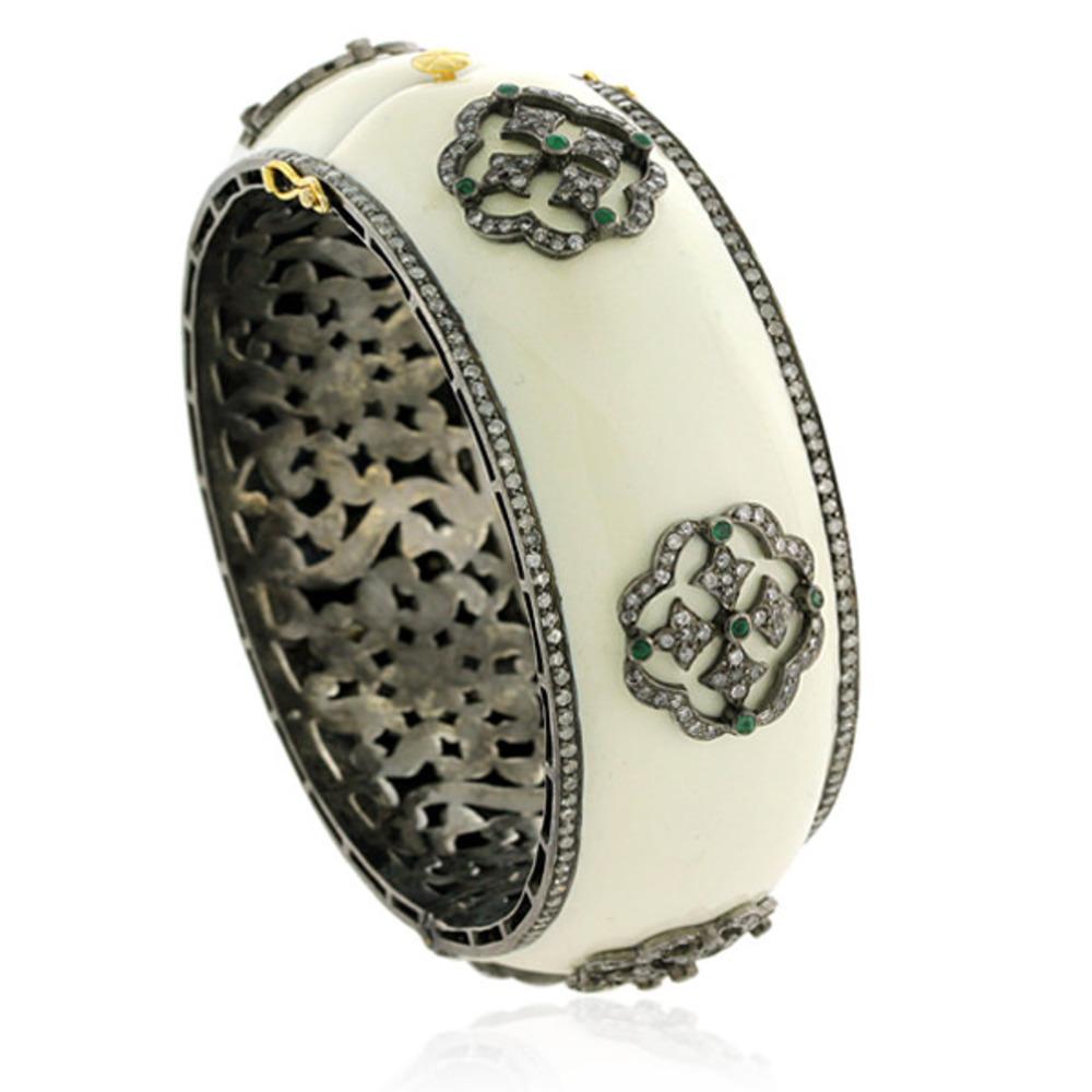 Mixed Cut Carved Enamel Cuff Bracelet with Emerald & Diamond Made in 18k Gold & Silver For Sale
