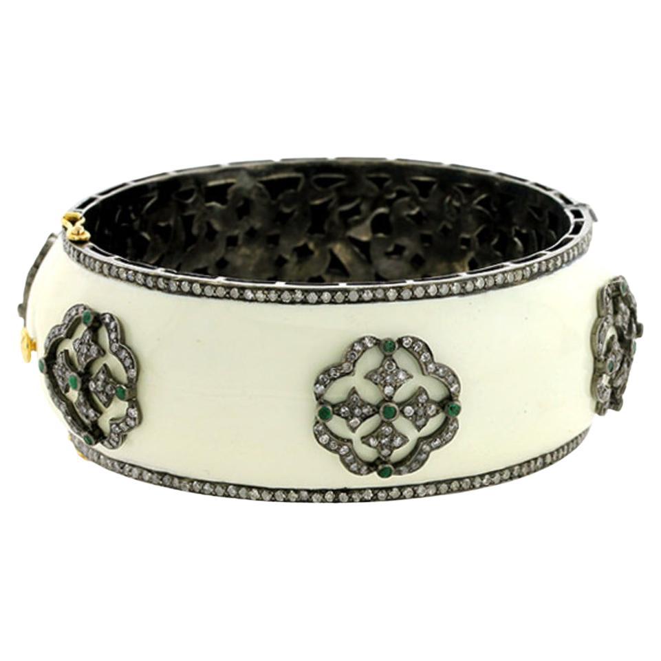 Carved Enamel Cuff Bracelet with Emerald & Diamond Made in 18k Gold & Silver For Sale