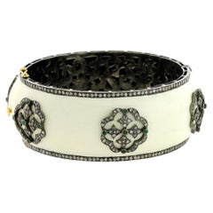Carved Enamel Cuff Bracelet with Emerald & Diamond Made in 18k Gold & Silver
