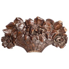 Antique Carved Wood Flower Basket Architectural Wall Element