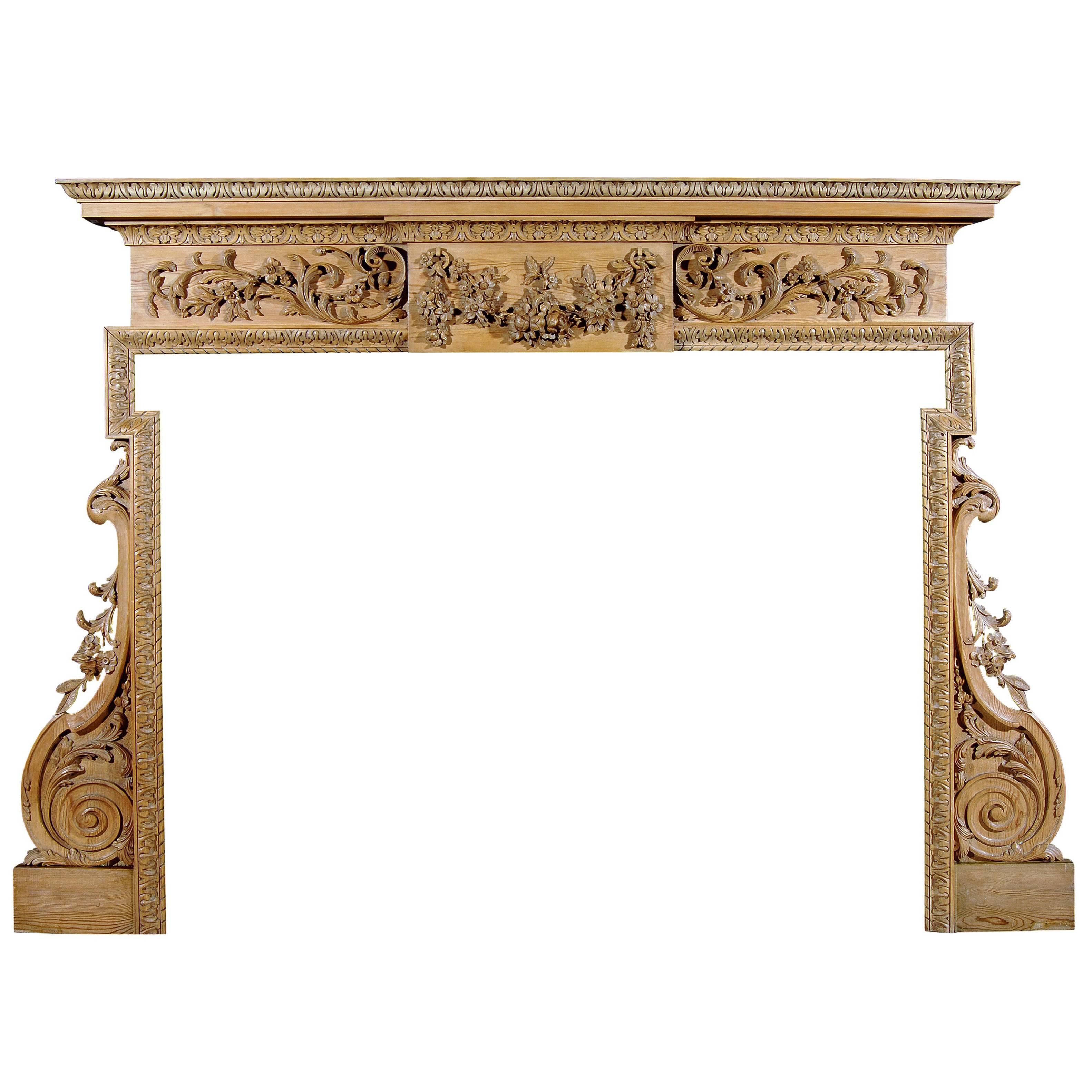 Carved English George III Style Pine Fireplace