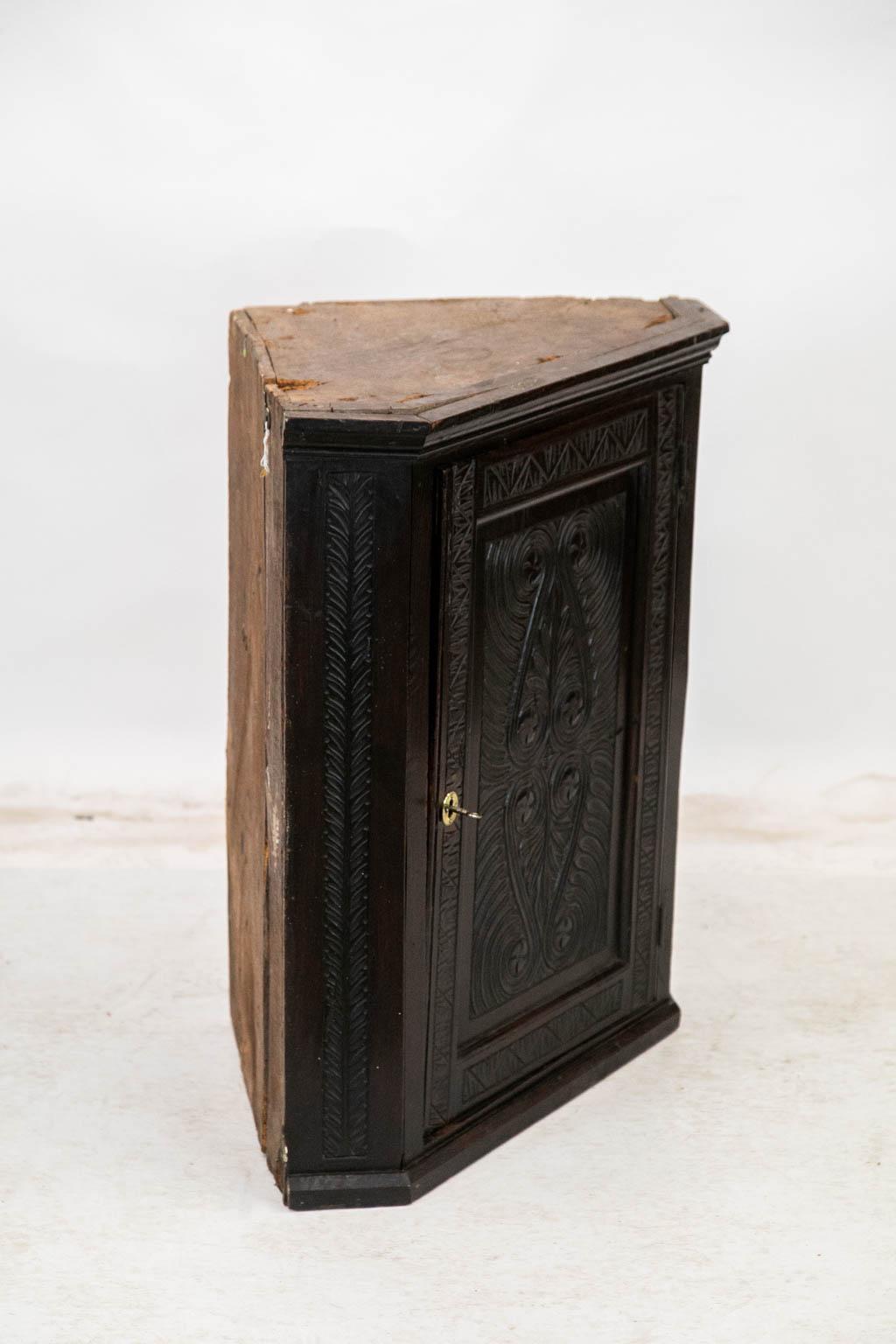 Brass Carved English Hanging Corner Cupboard For Sale