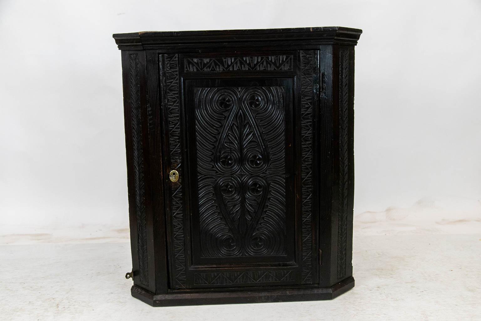 Carved English Hanging Corner Cupboard For Sale 1