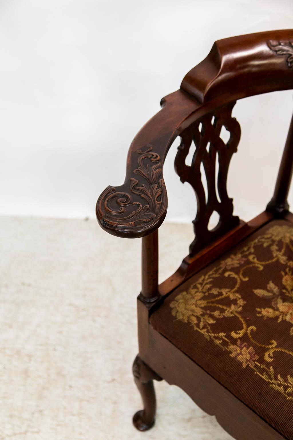 Hand-Carved Carved English Mahogany Corner Chair For Sale
