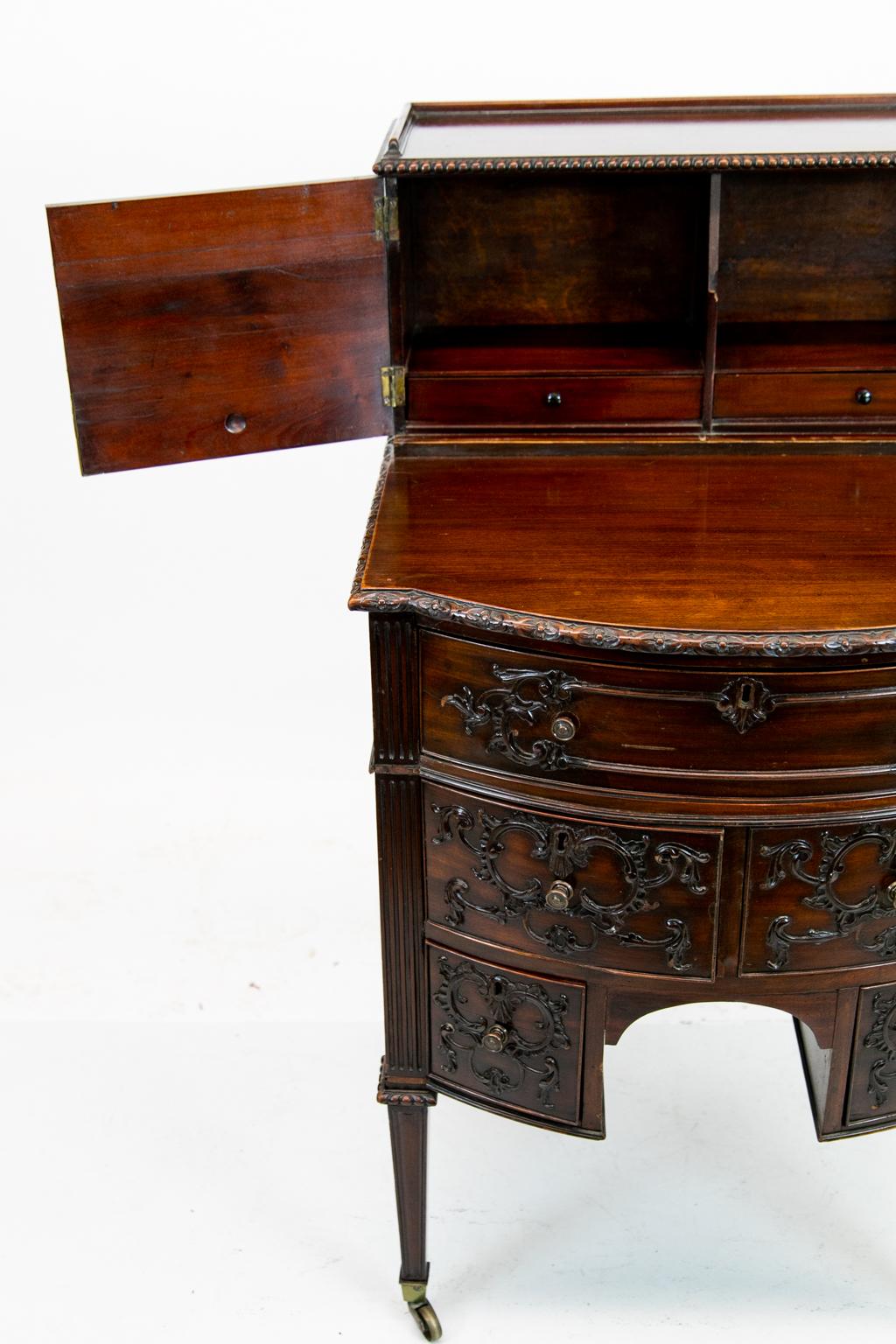 Hand-Carved Carved English Mahogany Hepplewhite Bow Front Desk On Legs