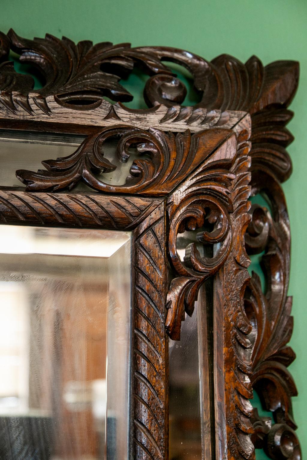 Hand-Carved Carved English Oak Beveled Mirror