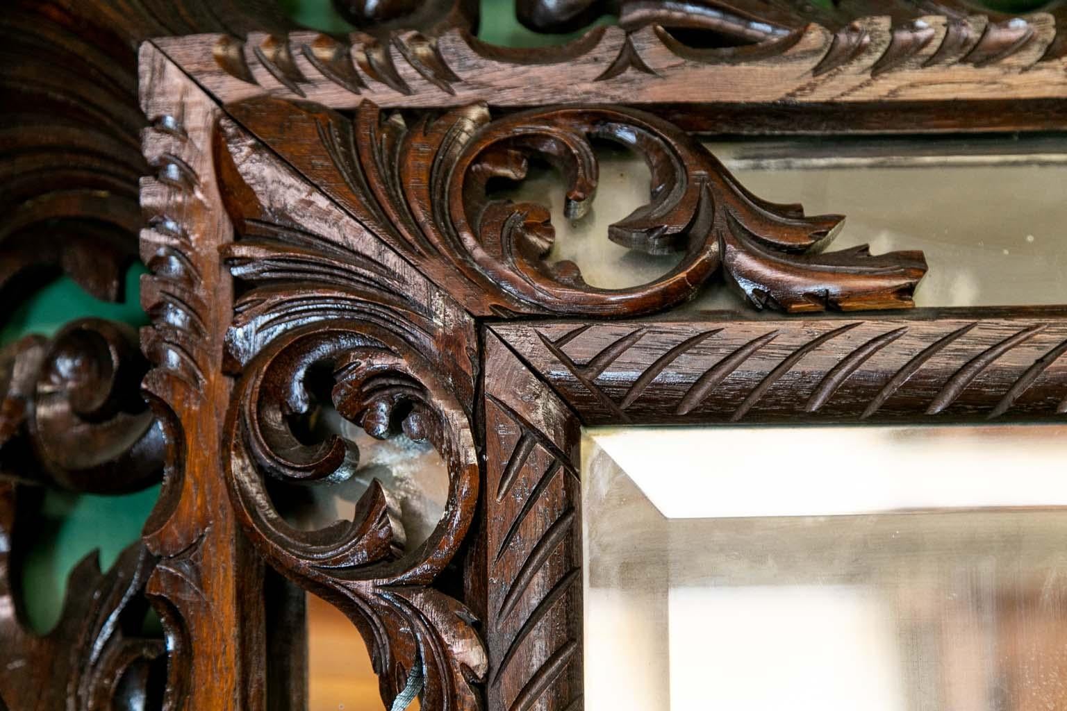 Carved English Oak Beveled Mirror In Good Condition In Wilson, NC