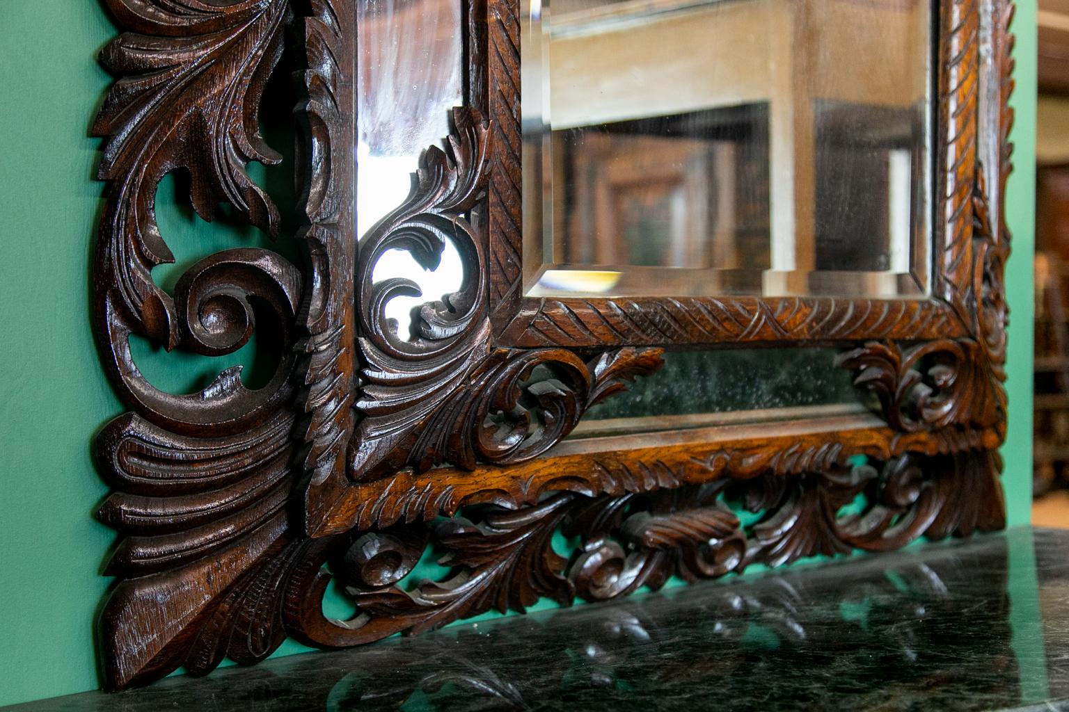 Carved English Oak Beveled Mirror 1