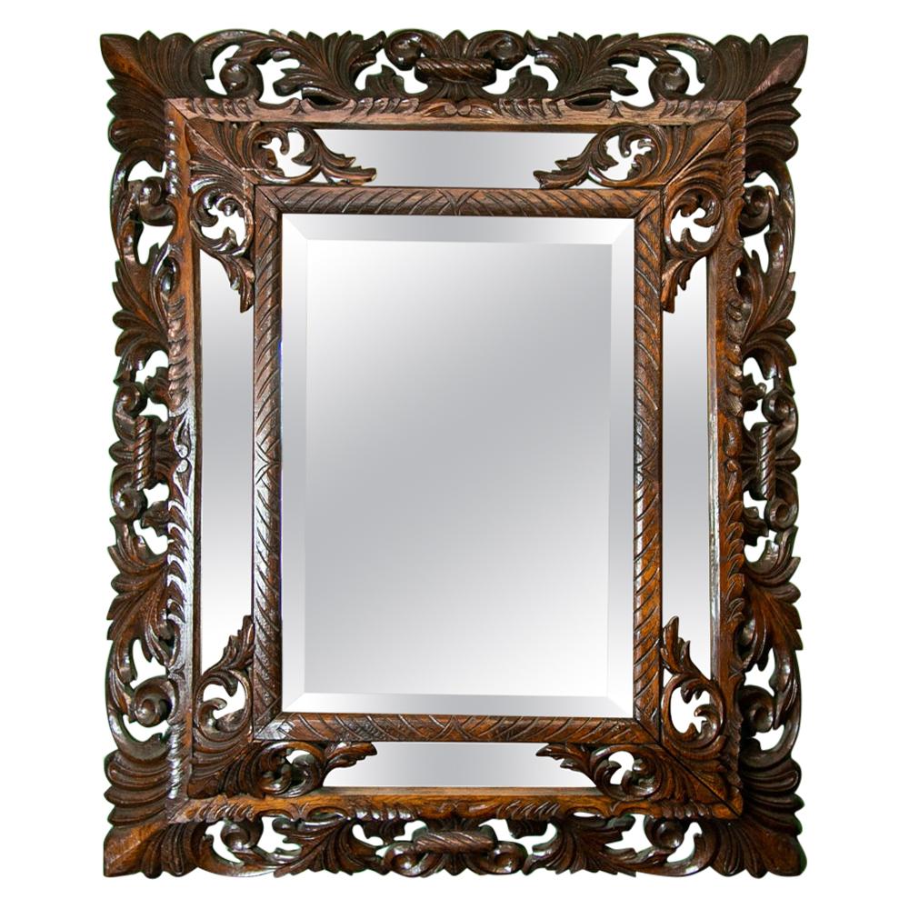 Carved English Oak Beveled Mirror