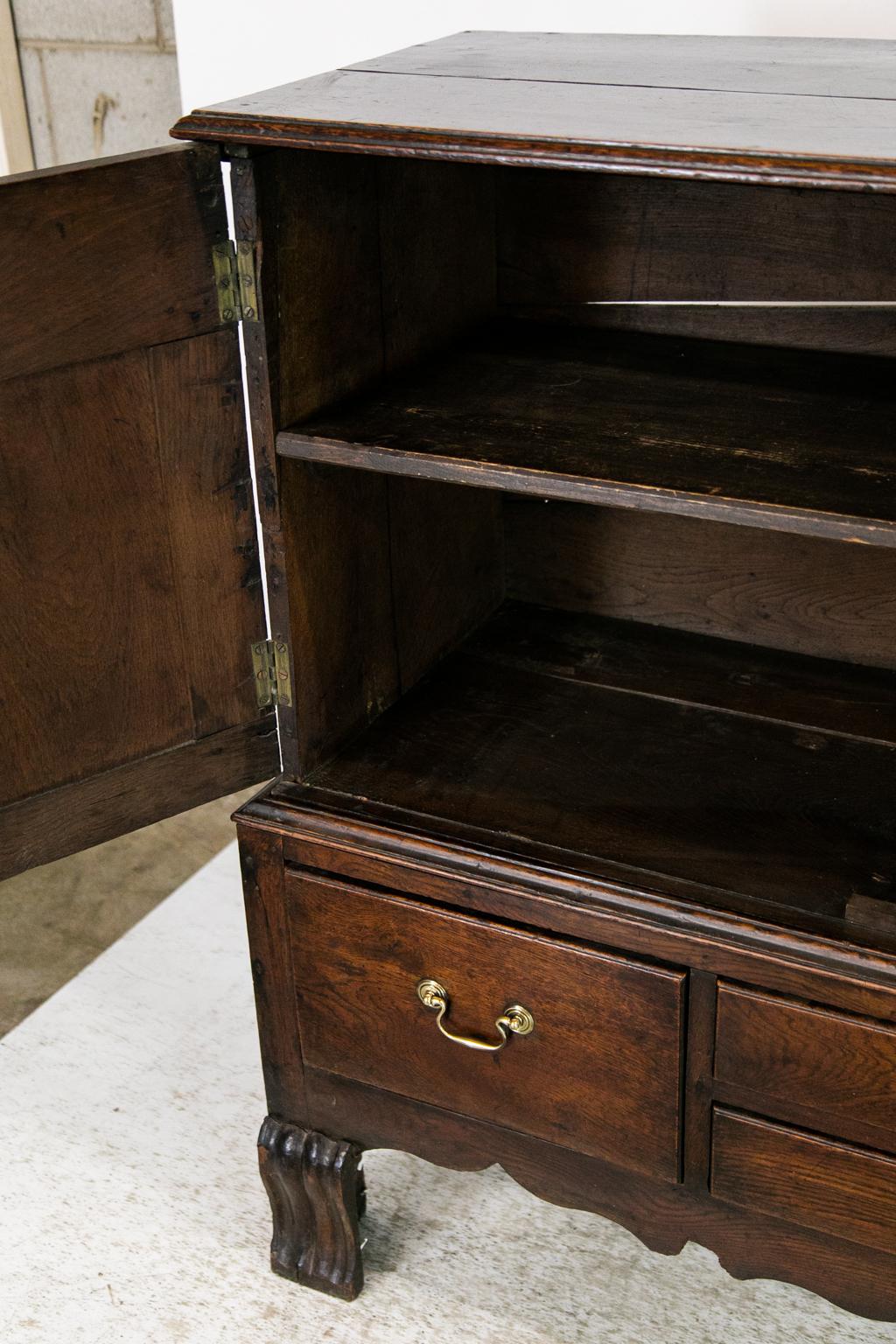 Brass Carved English Oak Cupboard on Stand For Sale