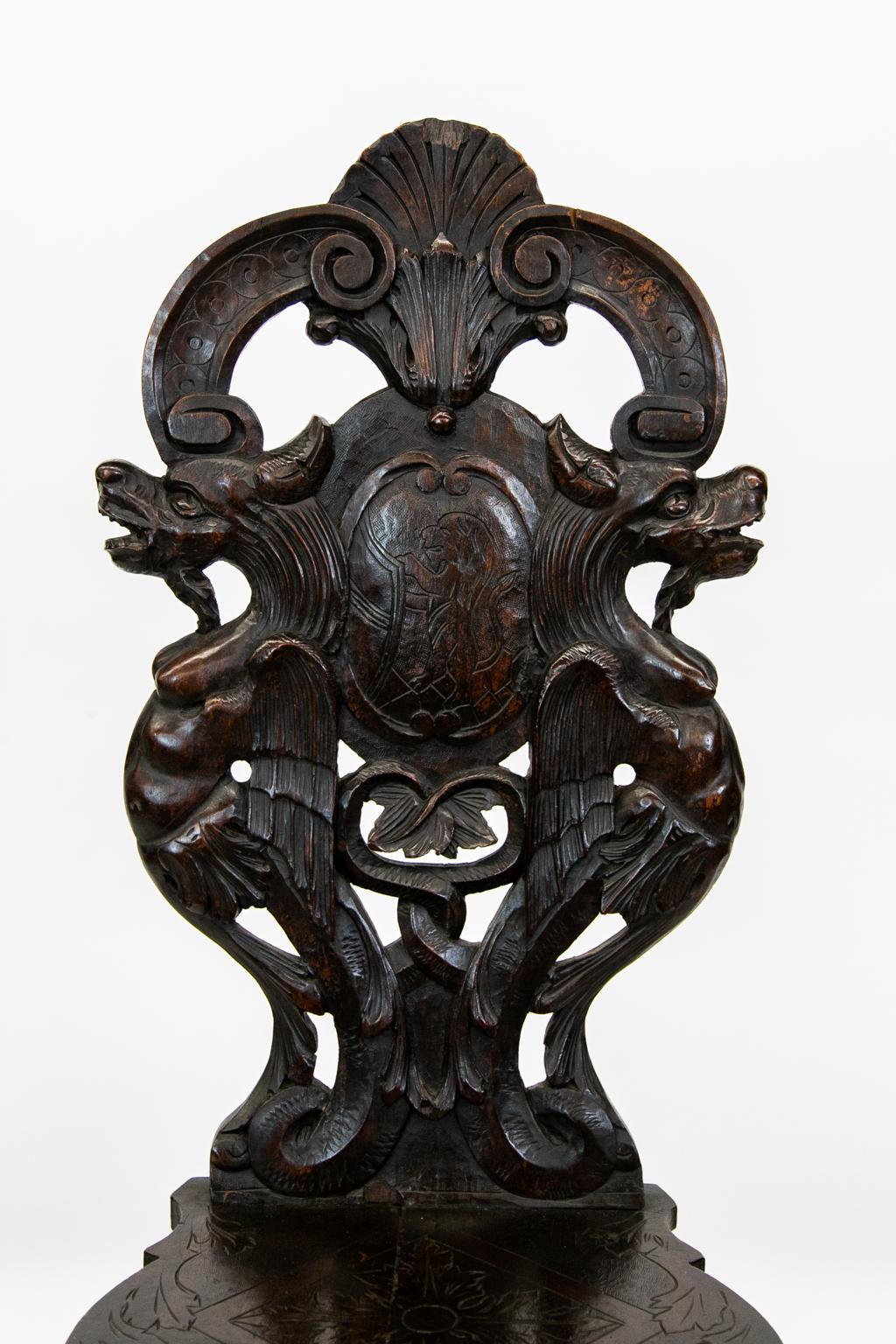 Hand-Carved Carved English Oak Hall Chair For Sale