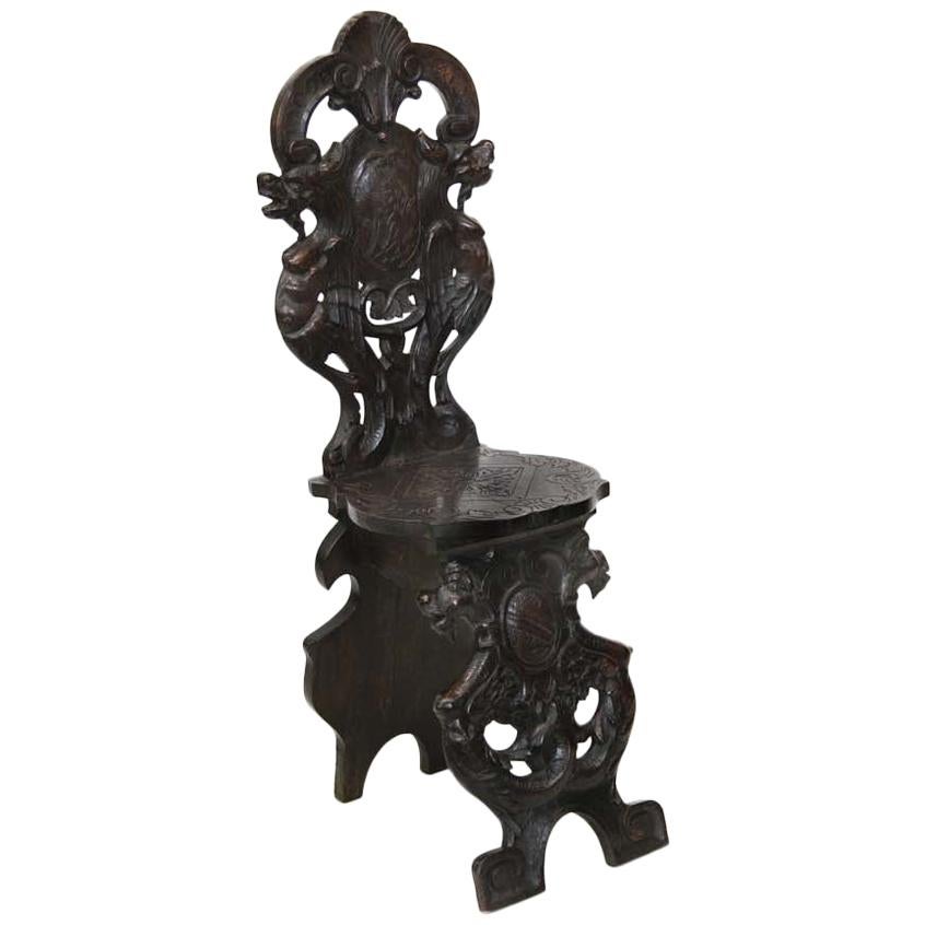 Carved English Oak Hall Chair For Sale