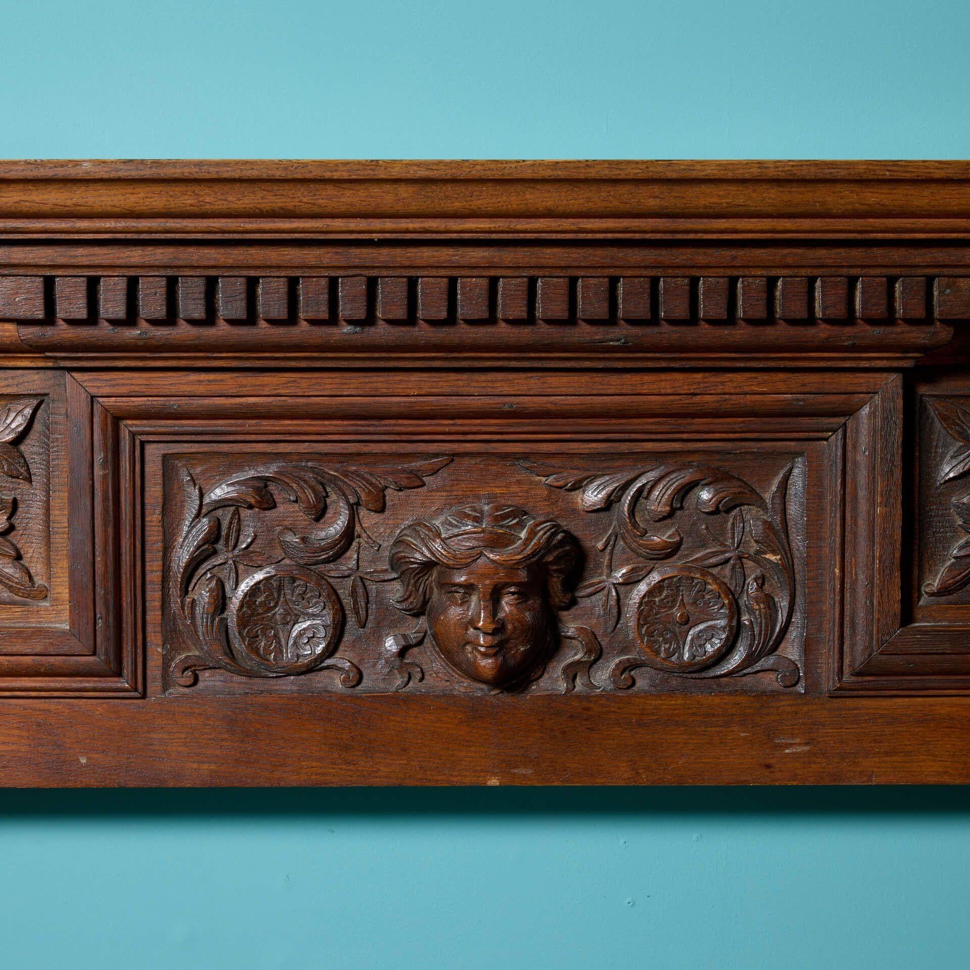 Hand-Carved Carved English Oak Jacobean Style Fire Mantel