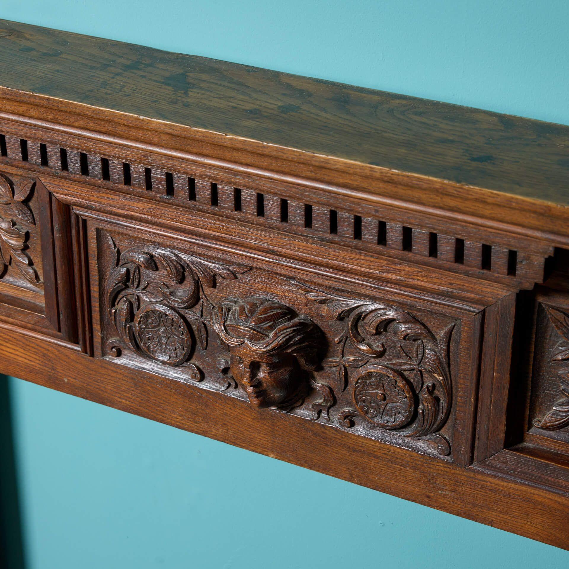 Carved English Oak Jacobean Style Fire Mantel In Fair Condition In Wormelow, Herefordshire
