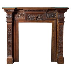 Antique Carved English Oak Jacobean Style Fire Mantel