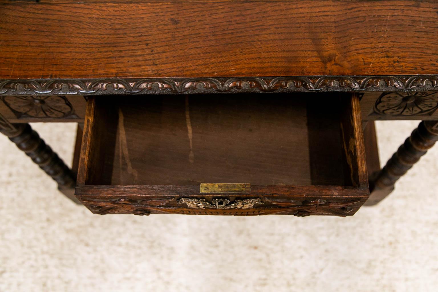 Brass Carved English Oak Side Table For Sale