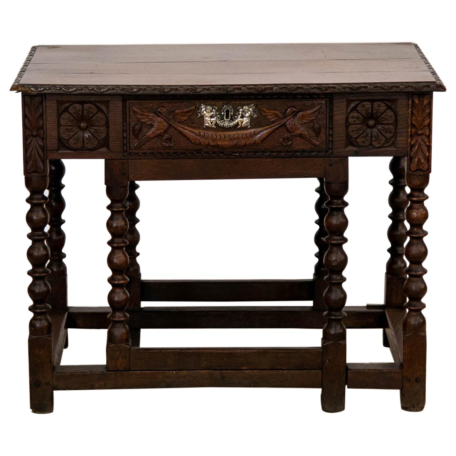 Carved English Oak Side Table For Sale